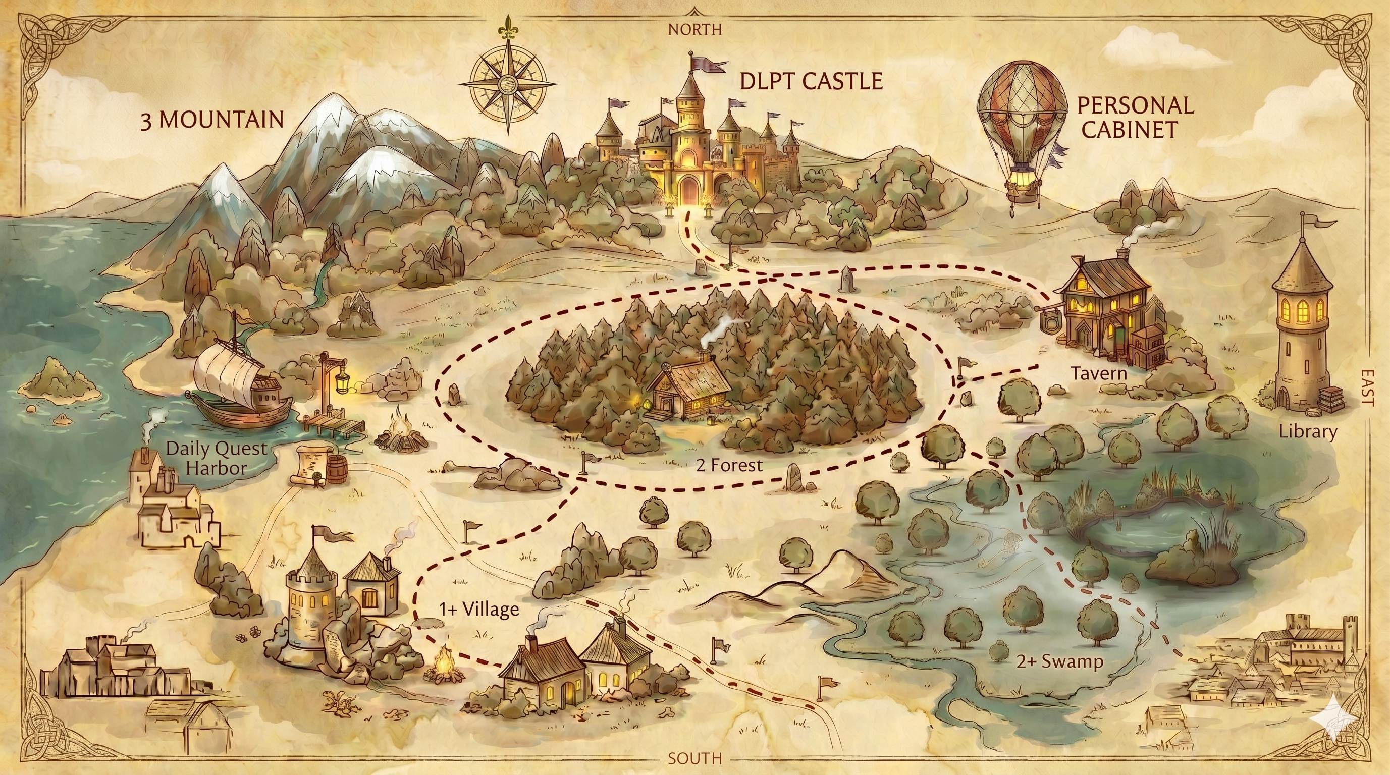 Language Quest interactive map — Village, Forest, Swamp, Mountain, and the DLPT Castle